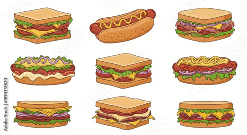 Set of hand-drawn sandwich and hot dog illustrations featuring club sandwiches, deli rolls, and frankfurters with toppings like lettuce, tomato, cheese, mustard, and onions.