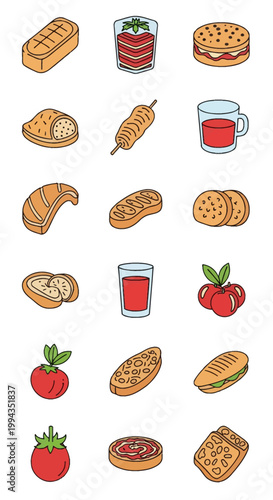 Set of vector food and drink illustrations featuring bakery items like bread, croissants, and cookies alongside snacks such as burgers, sandwiches, tomatoes, cherries, and juices.
