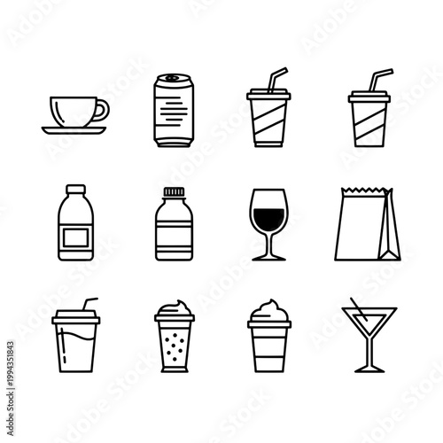 Drinks set with various beverages including coffee, soda, juice, and cocktails featuring wine, cocktail, milk with iced drink and straw elements for