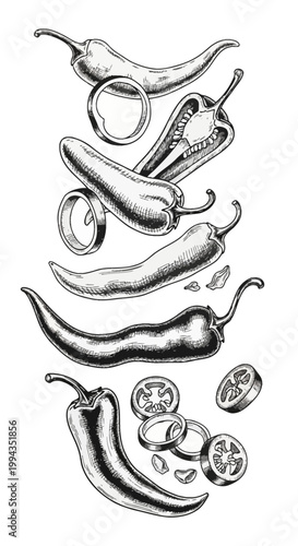 Detailed hand-drawn ink etching illustration of spicy chili peppers featuring whole pods, longitudinal halves with seeds, and cross-section rings in a vertical falling arrangement.