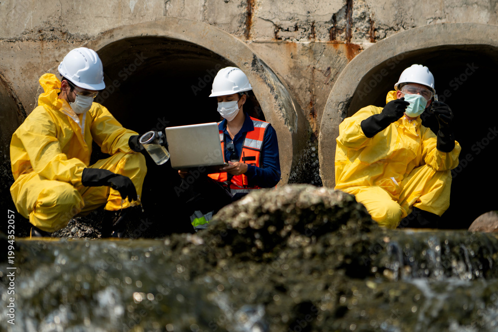 Fototapeta premium Group of scientists in protective suits are collecting water samples