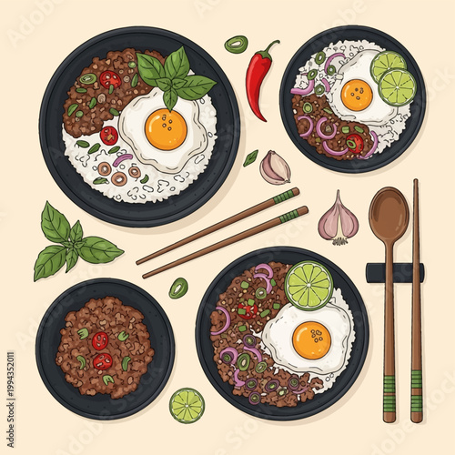 Hand-drawn vector illustration of Thai Pad Kra Pao featuring minced meat, holy basil, steamed rice, and fried eggs on black plates with chili, lime, garlic, and wooden utensils.