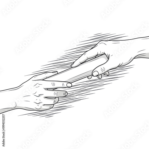 Hand passing baton in relay race, teamwork and success concept, black and white illustration