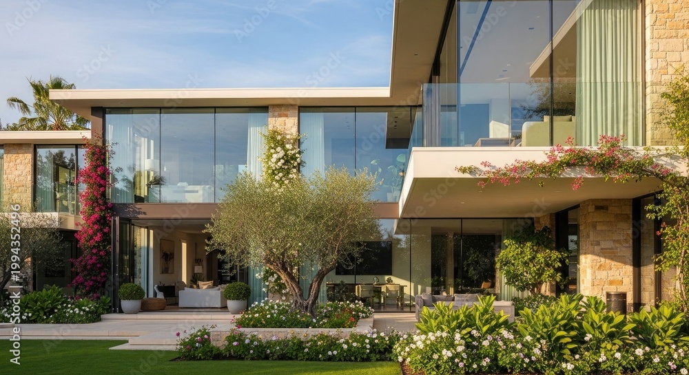 Fototapeta premium Architectural masterpiece an ultra-realistic view of a contemporary luxury home featuring vast glass panels, natural stone details, and a lush, manicured garden