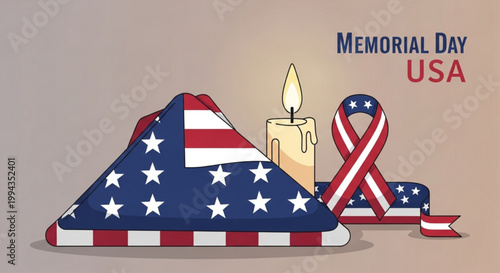 Patriotic folded american flag honors memorial day in usa with candle and ribbon symbolizing remembrance and respect