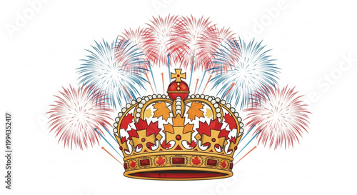 Golden crown with intricate gemstones and vibrant fireworks bursting in red blue and white against a clean white background