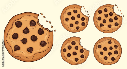 Illustration set of five golden brown chocolate chip cookies featuring dark chocolate chunks, four bitten cookies with small crumbs and one whole cookie on a beige background.