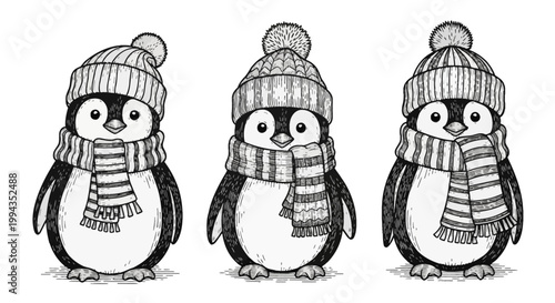 Three black and white engraved penguin illustrations wearing knitted winter beanies with pom-poms and striped scarves, woodcut style hand-drawn arctic bird character graphics.