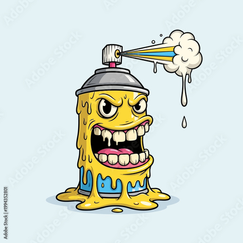 Angry Spray Paint Can Character Dripping Yellow Paint, Graffiti Art