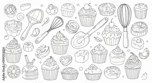 Black and white line art coloring page illustration featuring a variety of cupcakes, muffins, baking tools like whisks and spatulas, sweets, cookies, and fruit slices on white.
