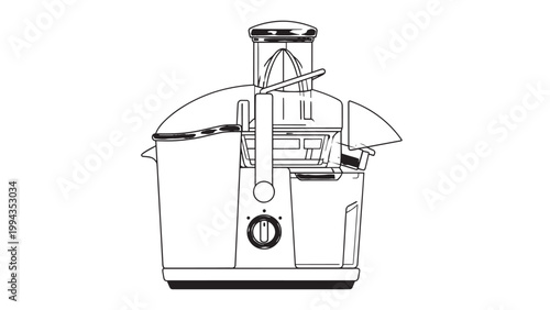Detailed Technical Drawing of a Modern Food Processor with Multiple Attachments and Components.