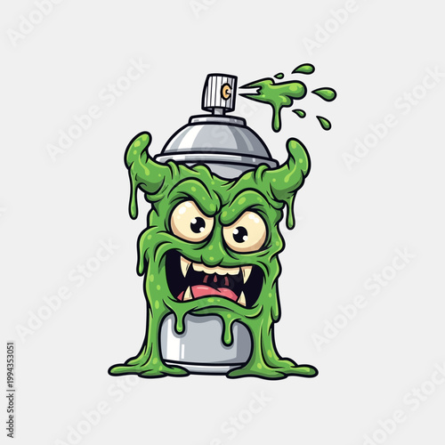 Graffiti Monster Spray Can Character with Dripping Green Paint and Fangs