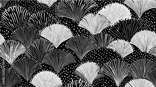 Japanese black and white scallop pattern graphic design. Seamless monochrome scallop graphic pattern creating a stylish fan texture background