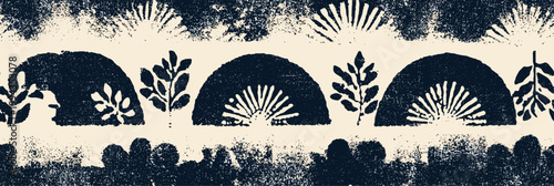 Japanese katazome style abstract block print pattern. Japanese katazome style block print pattern in navy on textured off-white background