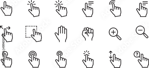 Collection of black and white hand cursor icons for user interface design