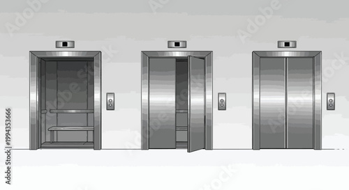 A grayscale illustration depicts three identical elevator doors in a minimalist architectural setting