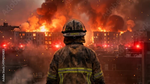 Firefighter in Protective Gear Watching Large Apartment Building Engulfed in Flames at Night in the City