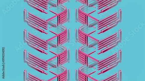 Stylish 3D animation. Symmetrical pink splines smoothly transforming on a turquoise background. Vertical seamless loop in techno-minimalism style for modern content and design