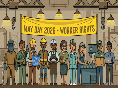 May Day, worker rights, labor movement, illustration, banner, 2026