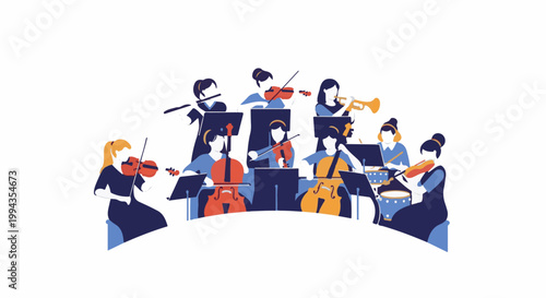 Stylized illustration of an orchestra playing instruments in harmony and unison