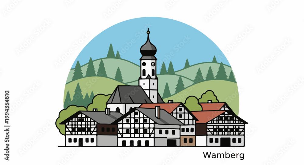 Naklejka premium Charming village with church and timbered houses nestled among rolling green hills