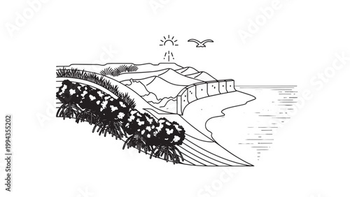 Scenic coastal landscape featuring cliffs, ocean, and distant mountains under a clear sky.