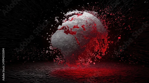 Cinematic 3D visualization of a deconstructed world globe with the Middle East region shattering into glowing red digital pixels and particles, representing geopolitical instability.
