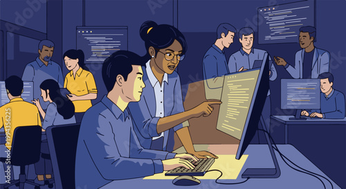 Diverse group of people collaborating on computer programming in a modern office setting