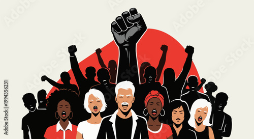 Diverse group of people protest with raised fists