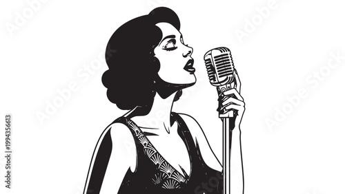Elegant Female Singer Performing with Vintage Microphone on Stage.