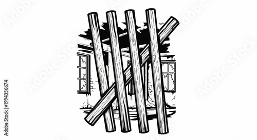 Dilapidated building facade with broken windows and boarded-up entrance