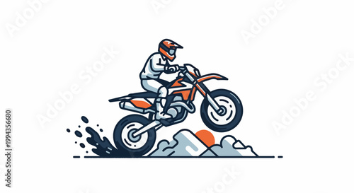 Dynamic illustration of a person on a motorcycle jumping over obstacles with a sunset backdrop
