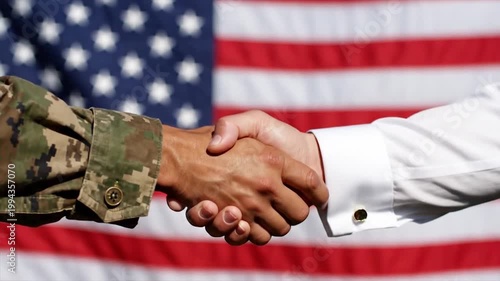 Military officer and businessman handshake in front of American flag