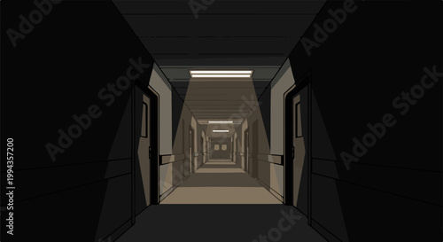 Dimly lit, pixelated hallway with repeating doors and overhead fluorescent lights creating a stark atmosphere