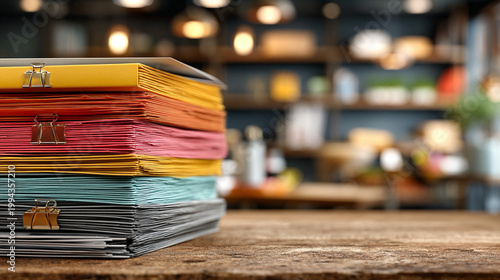 Office paperwork stack with folders, papers, organized desk, professional workspace, modern corporate interior, business documents, productivity-focused setup