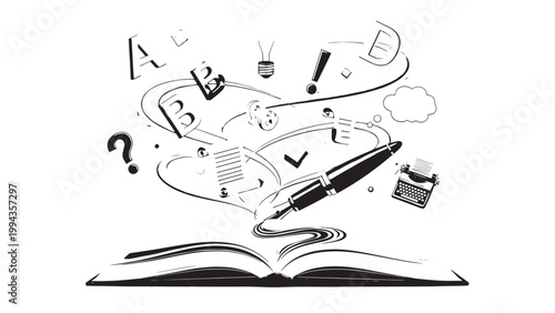 Open Book with Flying Paper Airplane and Thought Bubbles Illustrating Creativity and Ideas.