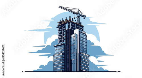 Construction crane atop a modern skyscraper under a cloudy sky