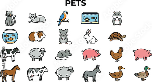 Pets and farm animals icons set with domestic creatures livestock birds and small animals colorful vector illustration