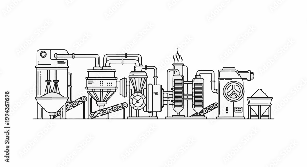 Fototapeta premium Industrial processing plant with complex machinery, pipes, and output