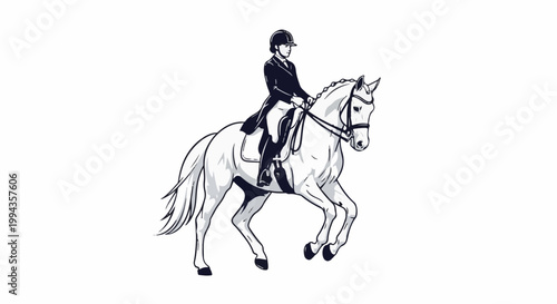 Elegant rider in formal attire gracefully guides a white horse through a dressage movement