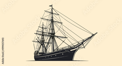 Detailed illustration of a classic sailing vessel with multiple masts and rigging