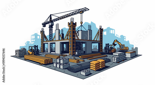 Construction scene with crane, digger, forklifts, building materials, and unfinished structure