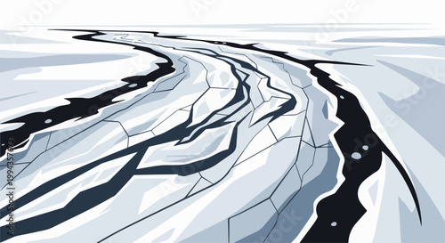 Cracked ice floe with dark water channels in a minimalist, cool-toned landscape