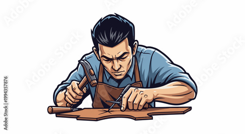 Craftsman diligently works on a leather piece with hammer and awl