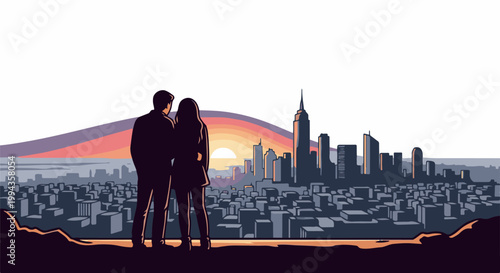 Couple embraces overlooking a pixelated cityscape at sunset with layered colors