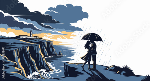 Couple embraces under an umbrella on a cliff overlooking the sea, with a lighthouse in the distance