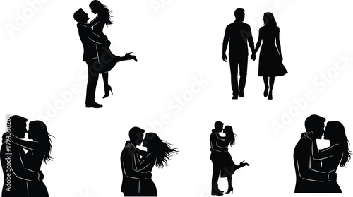 Romantic couple silhouette collection, love embrace kissing moments, walking together, affectionate relationship poses, black vector illustration isolated on white background