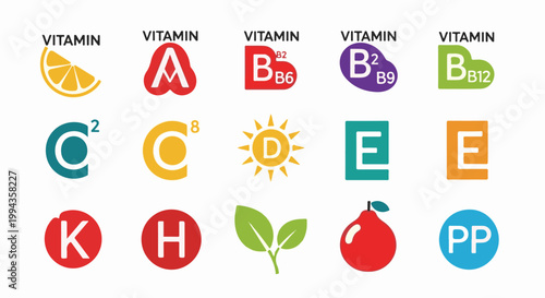 Colorful icons representing various vitamins, including A, B-complex, C, D, E, K, H, and PP, with illustrative symbols
