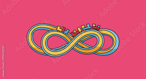Colorful infinity roller coaster with toy trains on a vibrant pink background