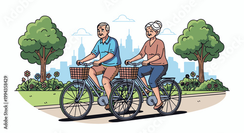 Elderly couple cycling in a park with city skyline in background